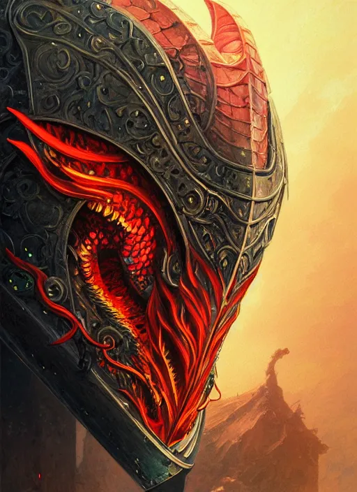 Prompt: highly detailed portrait of knight's helmet reflecting red dragon reflection detailed, 8 k blocking flames fire, green eyes, fantasy art by by simon bisley, loish, rhads, ferdinand knab, makoto shinkai and lois van baarle, ilya kuvshinov, rossdraws, tom bagshaw, global illumination, radiant light, detailed and intricate environment