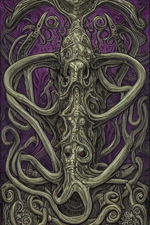 Image similar to ancient eldritch horror, mind flayer, illithid, concept art, digital art, tarot card, highly detailed, ornate border, in the style of dungeons and dragons, old school