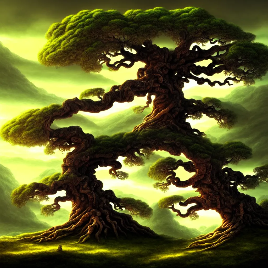 Prompt: ancient tree, hill, a detailed matte painting, fantasy, dark