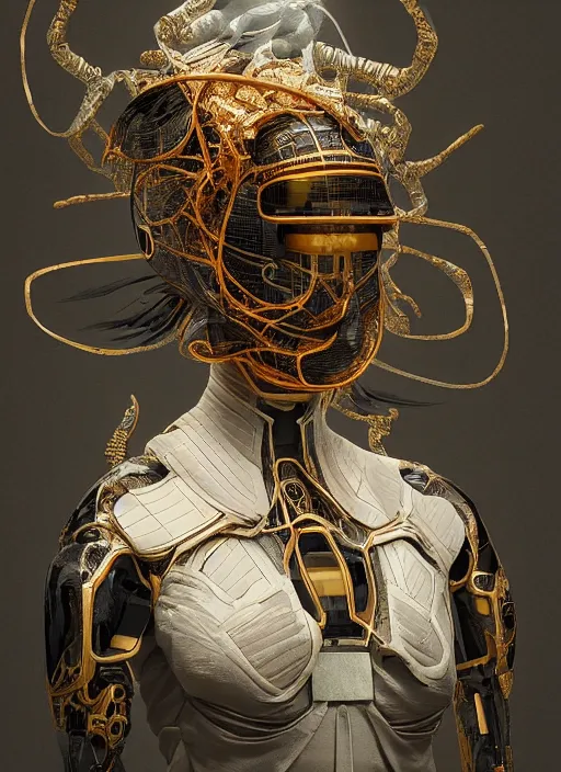 Image similar to portrait of a futuristic geisha cyborg, kintsugi, modern fine art, fractal, intricate, elegant, highly detailed, digital photography, subsurface scattering, by jheronimus bosch and greg rutkowski,