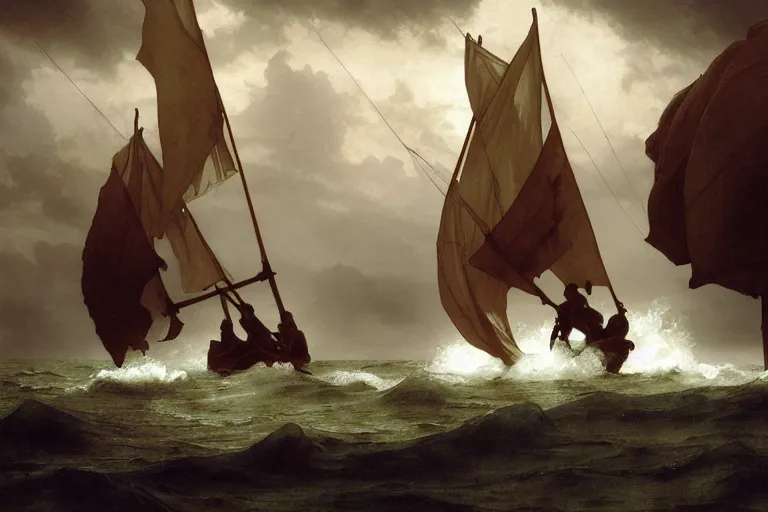 Image similar to ancient historically accurate depiction of Bible Character walking on water during a storm, a small fishing sailboat with scared sailors on board, dramatic lighting by frank miller, illustration by Ruan Jia and Mandy Jurgens and William-Adolphe Bouguereau, Artgerm, 4k, digital art, surreal, space dandy style, highly detailed, godsend, artstation, digital painting, concept art, smooth, sharp focus, illustration by Ruan Jia and Mandy Jurgens and William-Adolphe Bouguereau, Artgerm