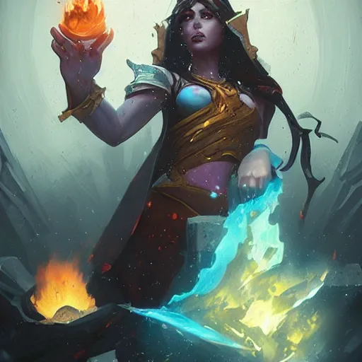 Image similar to The sorceress casting a fireball, colaboration of Hearthstone and Greg Rutkowski for Hearthstone