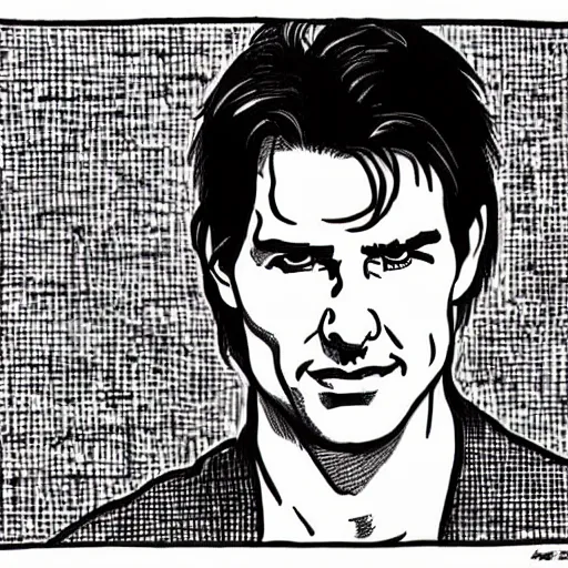 Image similar to a portrait drawing of Tom Cruise drawn by Robert Crumb