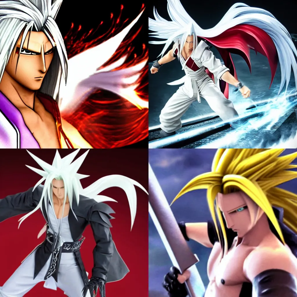 Prompt: Sephiroth from Final Fantasy 7 going super saiyan at KFC