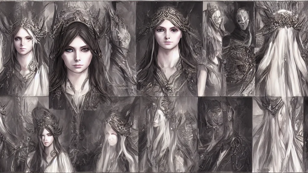 Image similar to concept art sheet, photorealistic symmetrical beautiful young female priestess with shiny hair wearing full intricate clothing, intricate, cg society, Elden Ring, darksouls, bloodborne