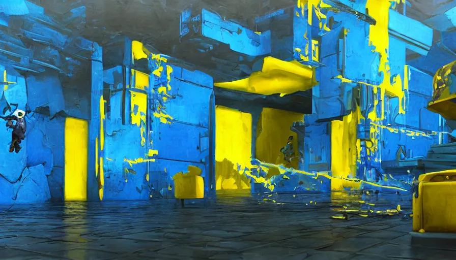 Prompt: Video game world as it is being deleted, detailed oil painting, hyperrealistic, surreal, blue and yellow color scheme, intense malaise