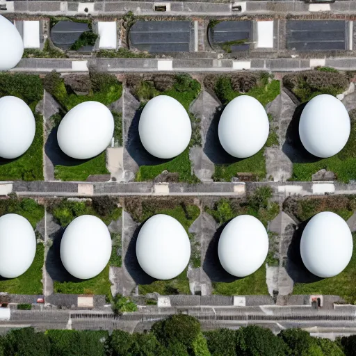 Prompt: very many white round egg shaped buildings intersect each other