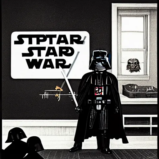 Prompt: darth vader writing on a chalkboard in front of a kindergarten class of tiny stormtroopers, kitschy americana, style of norman rockwell, style of grant wood grant wood,