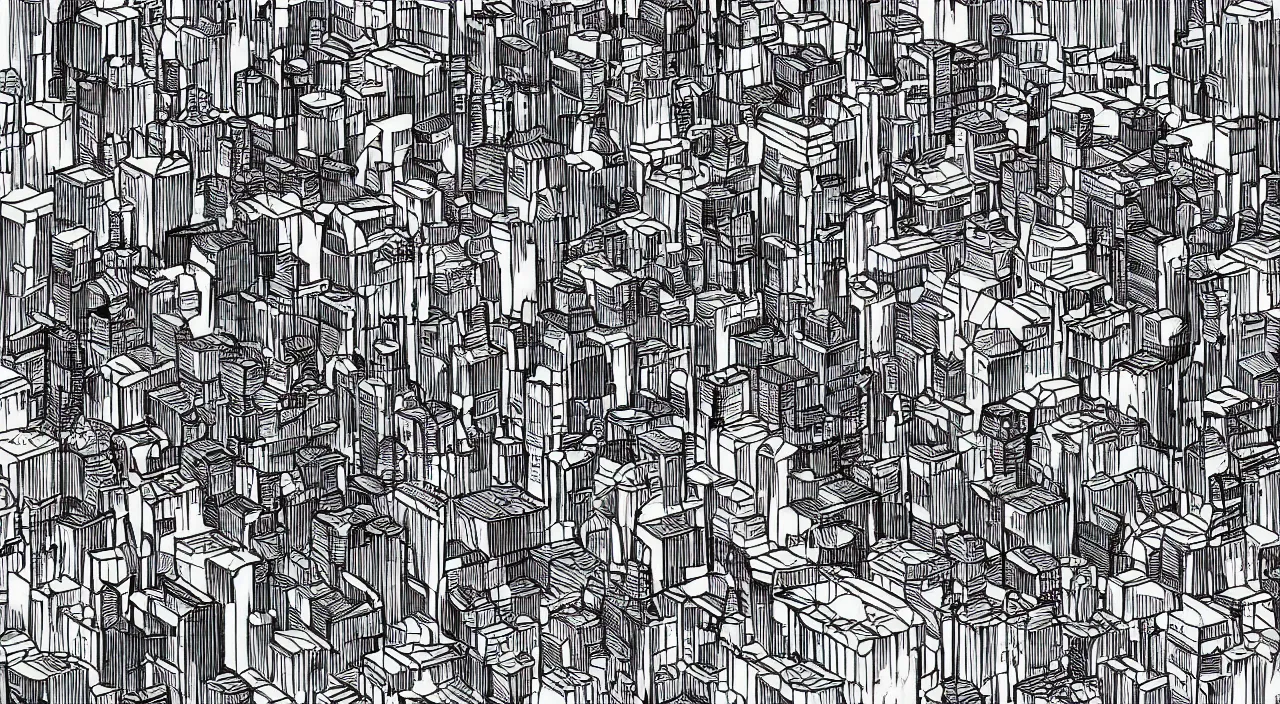 Image similar to axon drawing of a fictional dense city, in vector drawing style of charles williams