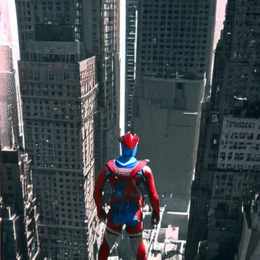 Image similar to giant ultraman walking on new york building!, post apocalyptic, cinematic,