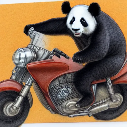 Image similar to a panda in a brown leather jacket riding a motorbike, modernism, colored pencil sketch, 8 k, ultra detailed