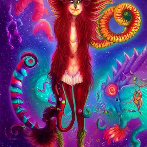 Prompt: autistic bisexual cat seahorse shapeshifter, long haired attractive humanoid, weirdcore voidpunk fursona, detailed coherent painterly complete character design, digital art by delphin enjolras, wlop, louis wain, lisa frank, furaffinity, cgsociety, trending on deviantart