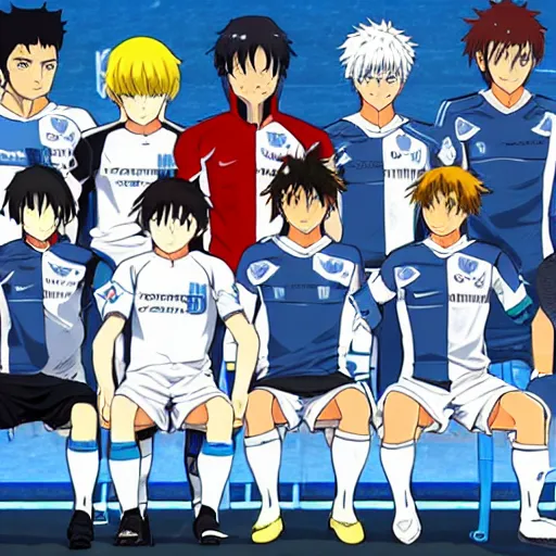 Image similar to olympique de marseille soccer team, anime style like fate/stay night