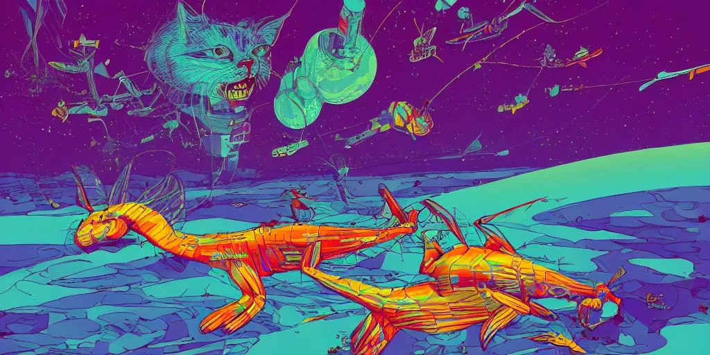 Image similar to electric cats that fly over ice, a lot of tv screens around, shrimps are all over the ground, acid and dreaming psychedelic hallucinations, by moebius, colorful flat surreal design, hd, 8 k, artstation