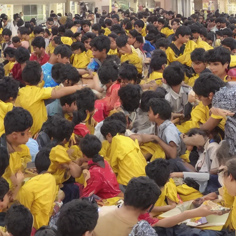 Prompt: a girl getting yellow packet of chocolates for two boys, college canteen area, surrounded by a lot of people, highly detailed, 4k, satisfying