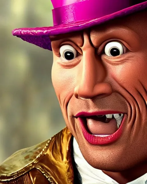 Image similar to Film still close-up shot of Dwayne Johnson as Willy Wonka from the movie Willy Wonka & The Chocolate Factory