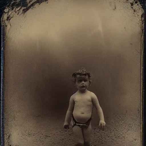 Image similar to tintype photo, swimming deep underwater, kid with huge spider