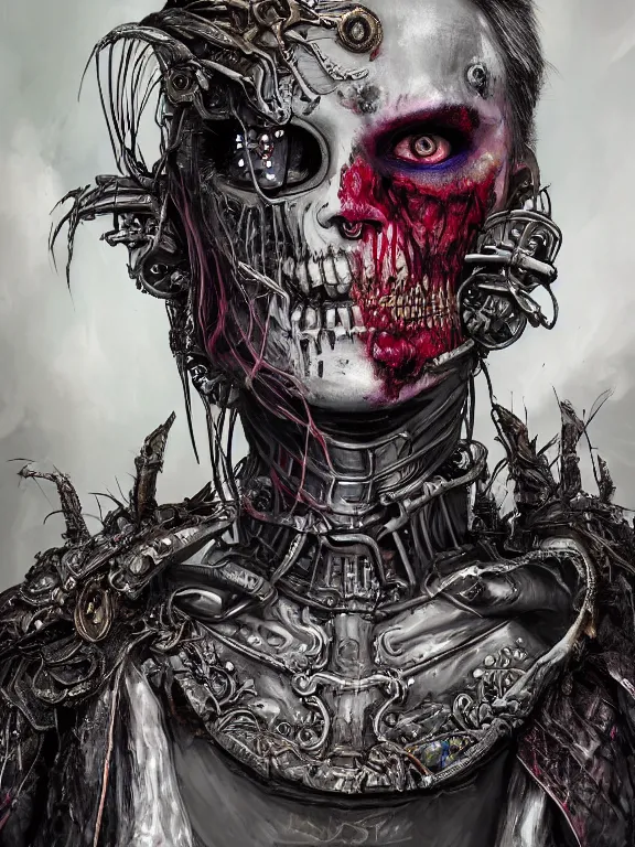 Prompt: portrait art of 8k ultra realistic undead two face witch, detailed intricate ornate armour,decaying, cybernetic, full of colour, cinematic lighting, battered, trending on artstation, 4k, hyperrealistic, focused, extreme details,unreal engine 5, cinematic, masterpiece, art by ayami kojima, giger