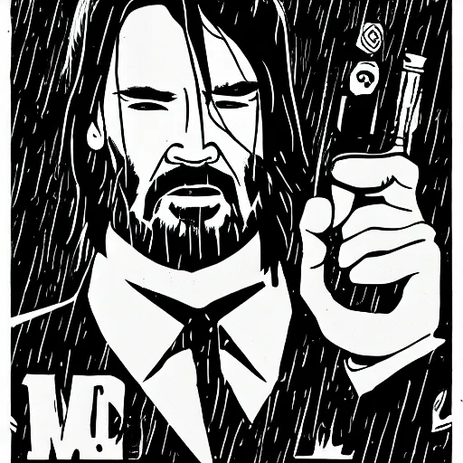 Prompt: mcbess illustration of john wick in the rain