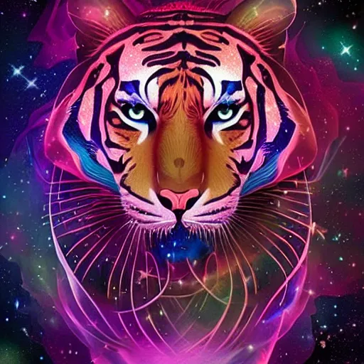 Image similar to geometric symmetrical tiger with galaxy eyes in space, nebula in the background, intricate, elegant, highly detailed, digital painting, artstation, concept art, smooth, sharp focus, illustration, art by artgerm