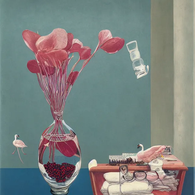 Prompt: pathology student in her apartment, a river flooding inside, medical supplies, pigs, plants in glass vase, pork, water, river, rapids, canoe, pomegranate, berries dripping, waterfall, swans, pink flower petals, acrylic on canvas, surrealist, by magritte and monet