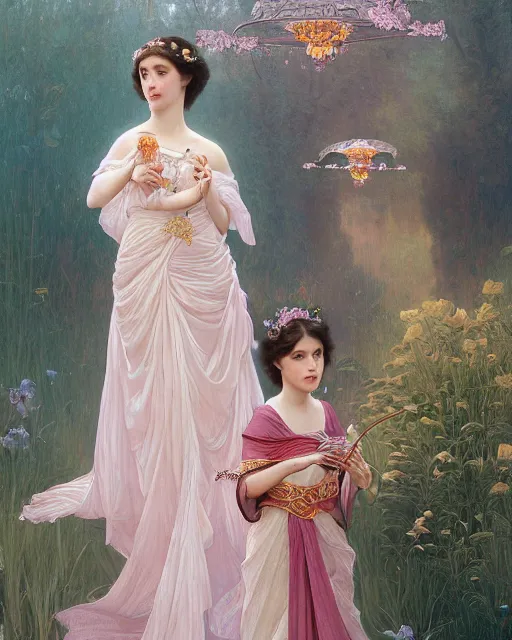 Image similar to a beautiful painting of a shy, blushing princess in a tiara and an iridescent art nouveau gown resembling millie bobby brown watching the lantern festival, intricate, elegant, highly detailed, digital painting, artstation, concept art, by krenz cushart and artem demura and william adolph bouguereau and alphonse mucha