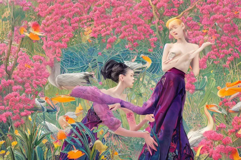 Image similar to pretty model surrounded by flowers, pelicans and goldfish : : by martine johanna and simon stalenhag and chie yoshii and casey weldon and wlop : : ornate, dynamic, particulate, rich colors, intricate, elegant, highly detailed, vogue, harper's bazaar art, fashion magazine, smooth, sharp focus, 8 k, octane render