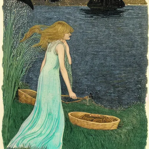 Prompt: art by ida rentoul outhwaite : ( subject = girl at the lake + subject detail = blond long hair, pretty )