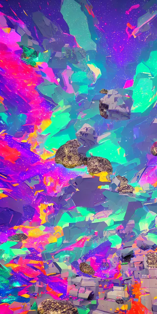 Image similar to partially disintegrated stone drifting in outer space with a colorful trail, psychedelic art, vaporwave art, glitchcore art, detailed, 8 k, trending on artstation