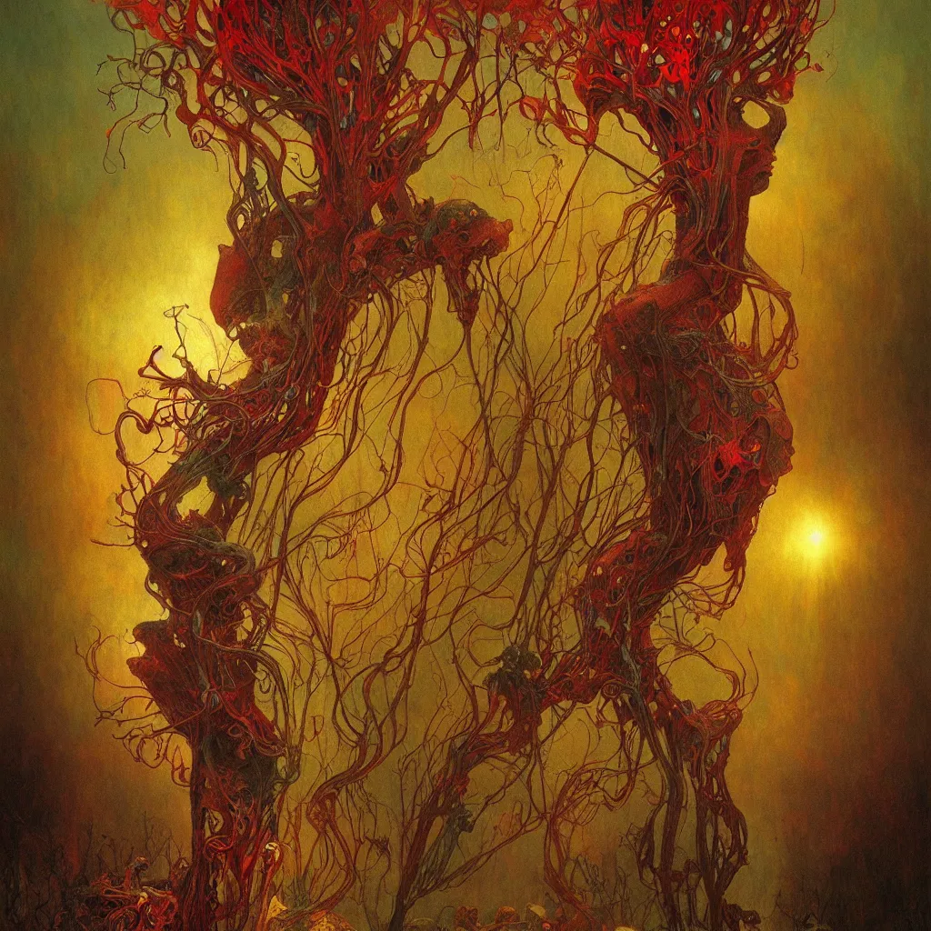 Prompt: colorful fungus monsters by beksinski, red veins by alphonse mucha, intense lighting, light beams, lens flare, intricate, elegant, nightmare, highly detailed, digital painting, artstation, concept art, smooth, sharp focus, illustration