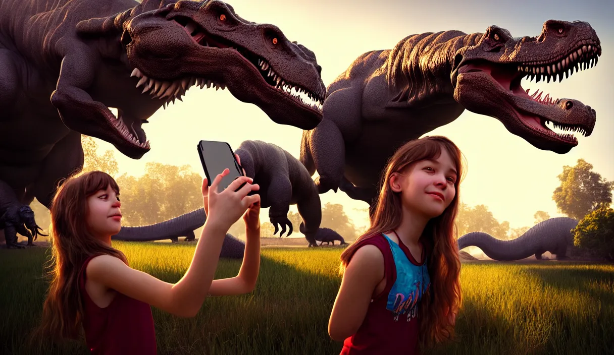 Image similar to portrait of a girl making selfie with her beloved tyrannosaurus, high detail, raytracing, back light, digital art, raymarching, by zdenek burian