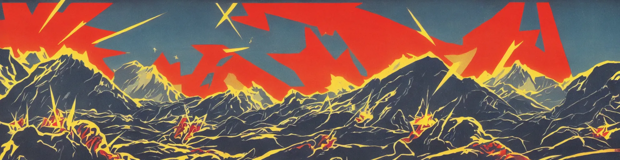 Image similar to solar montain with one lightning bolts in 1940s propaganda poster