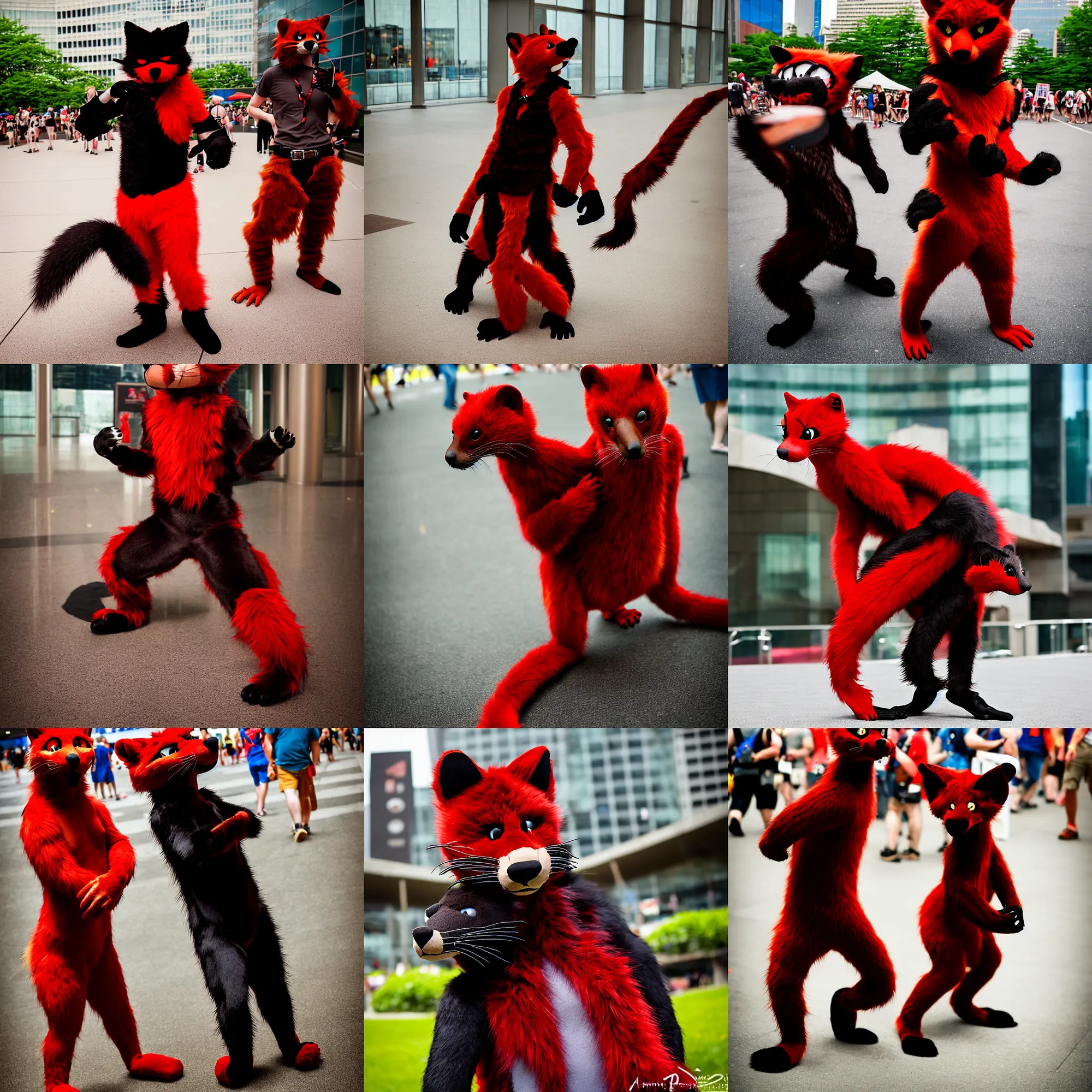 Image similar to fullbody photoshoot photo portrait of a roguish male red - black furred weasel furry fursuiter ( with tail ), taken at anthrocon ( furry convention )