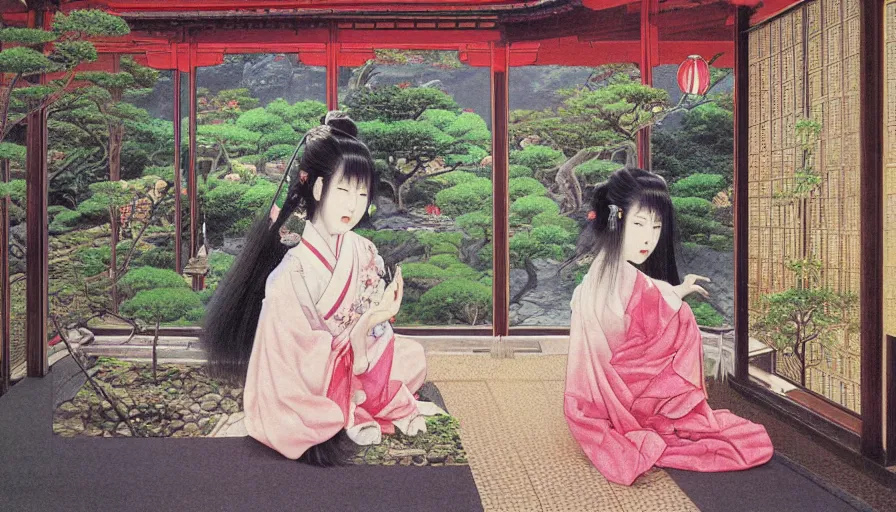 Image similar to noriyoshi ohrai painting of a beautiful girl in japan, looking out a window at a temple garden filled with yokai and spirits, uhd, high detail,