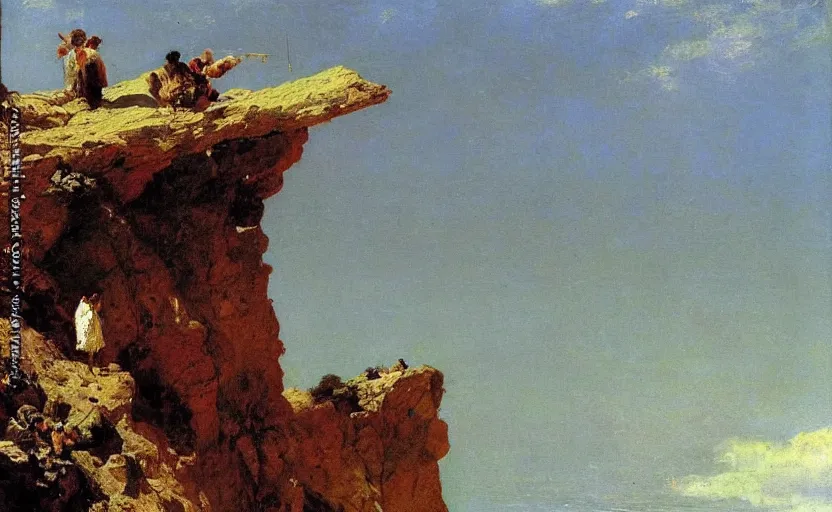 Prompt: high quality high detail painting by ilya repin, hanging from the edge of the cliff, hd