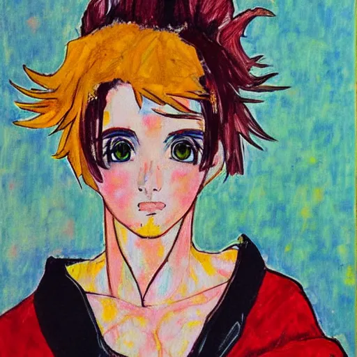 Prompt: colorful anime girl painted in the style of egon schiele