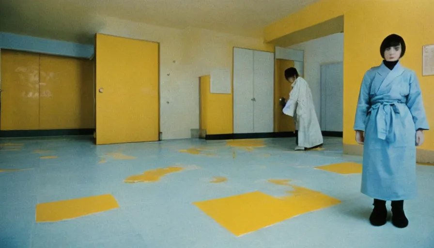 Prompt: 60s movie still of white japanese female phantoms bloody in an empty soviet stalinist style hospital with yellow tiles floor with light blue beds, cinestill 800t 35mm technicolor, heavy grain, high quality, higly detailed, liminal space