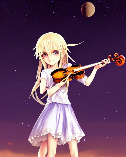 Image similar to chibi, cute, female, full body, elf girl with white skin and golden long wavy hair, holding a violin and playing a song, stunning art style, filters applied, lunar time, night sky, trending art, sharp focus, centered, landscape shot, fate zero, simple background, studio ghibly makoto shinkai yuji yamaguchi, by wlop