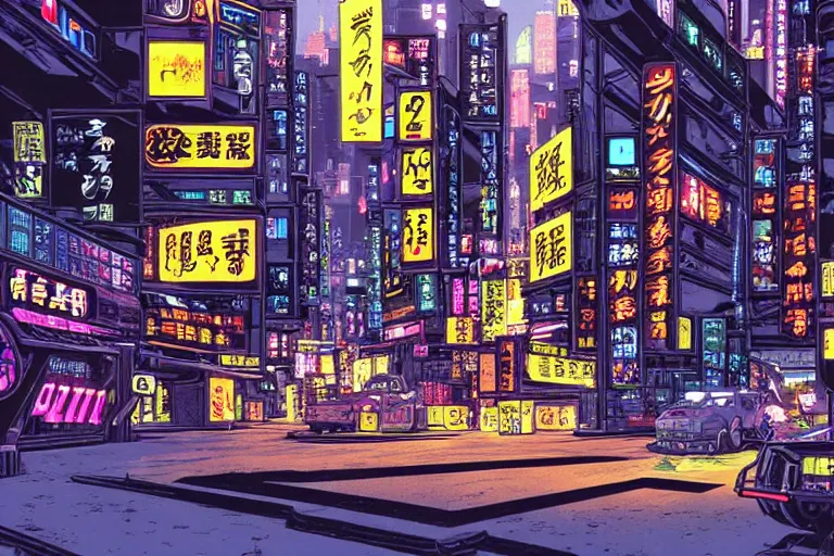 Image similar to cart driving down neo - tokyo outskirts. art in the style of vincent di fate's cyberpunk 2 0 2 0.