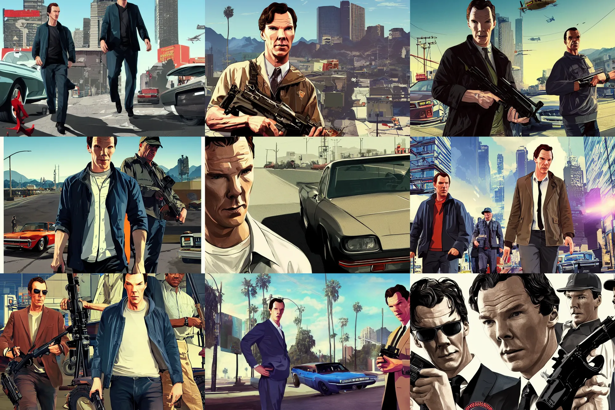 Prompt: benedict cumberbatch in gta v promotional art by stephen bliss, no text, very detailed, high quality, dramatic lighting, great likeness