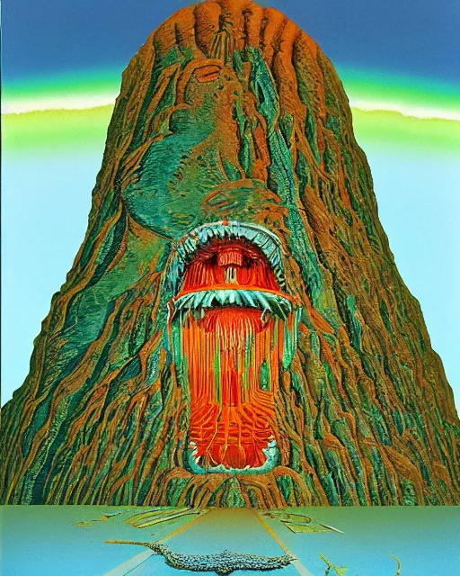 Prompt: inside the giant's mouth there is a temple within roger dean, stanley donwood