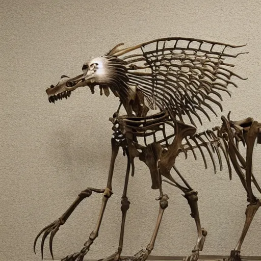 Image similar to a fossilized griffin skeleton, museum photo