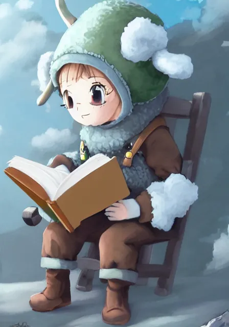 Image similar to beautiful little boy wearing sheep suit reading a book while sitting on chair, gray, blue, green and brown pallet color. made in abyss art style, inspired in kris from deltarrune, cute detailed artwork, anatomically correct, soft details, ilya kuvshinov, reflection, perfect composition, mobile wallpaper, low illumination