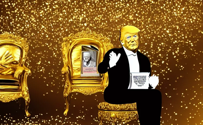 Prompt: golden donald trump sitting on a golden toilet in a bathroom covered in money and diamonds