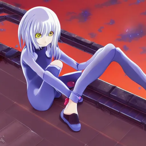 Image similar to anime art, anime fullbody shot of female rei ayanami, long blue hair and large eyes, finely detailed perfect face, in a modern skintight plugsuit, laying on a rooftop, flooded metropolis in ruins, red sea, trending on pixiv fanbox, evangelion, extremely high quality artwork by ilya kuvshinov