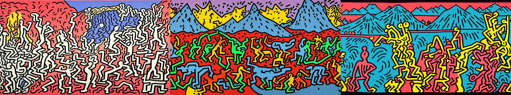 Prompt: lakeside mountains, by keith haring