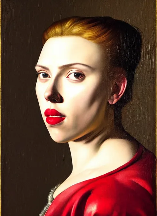 Prompt: portrait of scarlett johansson, oil painting byjohannes vermeer, 1 7 th century, art, oil on canvas, wet - on - wet technique, realistic, expressive emotions, intricate textures, illusionistic detail