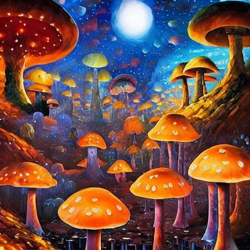 Image similar to glowing mushroom village, art by ricardo bofill, james christensen, rob gonsalves, paul lehr, leonid afremov and tim white