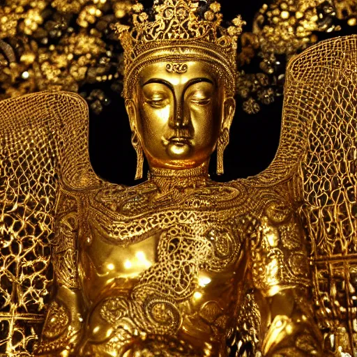 Image similar to epic deatailed golden statue of the King, surrounded by intricate gold lace metalwork on a black smokey background. metallic, accent lighting, glowing, gold