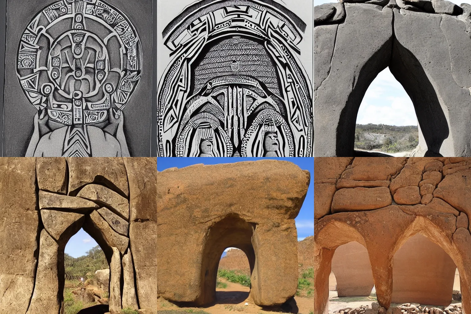 Prompt: a a spiritual selknam stone arch, engraving, aboriginal, symmetrically centered, estilo fileteado
